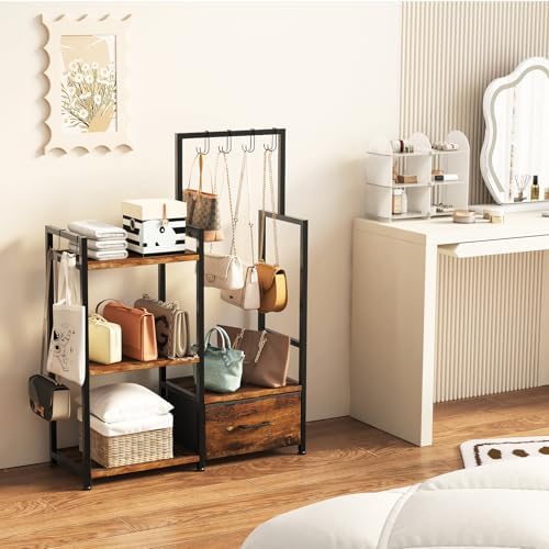 3-Tier Wooden Purse Display with Large Drawer & 6 Hooks - Image 6