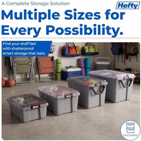 Hefty 18 Gallon Storage Bin with Clear Lid, Heavy Duty Plastic Storage Container Stackable Tote for Garage Closet Home Organization, Large Storage Bin, 6 Pack, Grey - Image 6