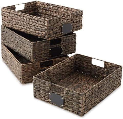 Casafield Set of 4 Water Hyacinth Pantry Baskets, 12-1/2" x 17" x 5", with Chalkboard Labels and Chalk Marker - Espresso, Woven Storage Bin Organizers for Kitchen Shelves - Image 3