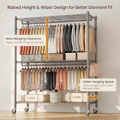 Homdox Rolling Clothes Rack Heavy Duty, 3-Tier Adjustable Wire Shelving Garment Organizer with Double Rods & Hooks, Portable Clothes Rack with Wheels, 17.72" D x 47.24" W x 80.71" H, Grey - Image 4