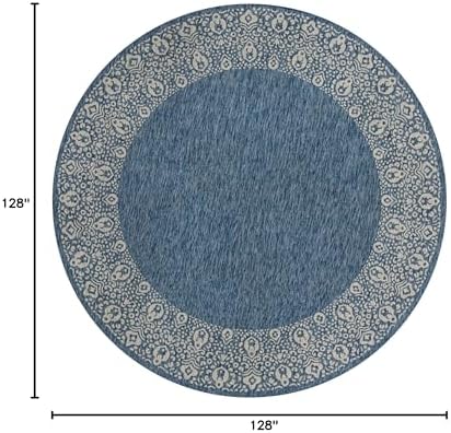 Unique Loom Outdoor Border Collection Area Rug - Floral Border (10' 8" Round, Blue/ Ivory) - Image 2