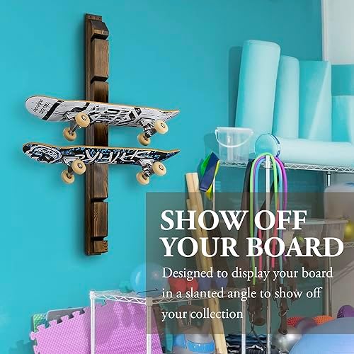 MyGift Modern Wall Mounted Rustic Burnt Solid Wood Skateboard Display Rack, Hanging Longboard Storage Organizer with Diagonal Cutout Slots, Holds 6 Boards - Image 3