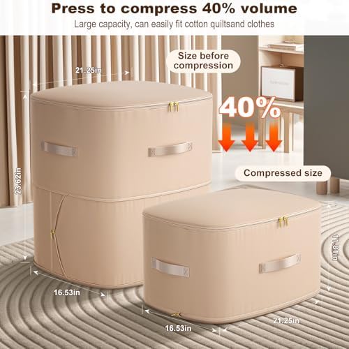 Ultra Space Saving Self Compression Organizer, Portable Space Saver Storage Packing Bags, Blanket & Quilt Compression Storage Bag for Comforters, Blankets, Bedding (Almond) - Image 2
