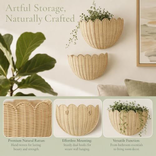 Scalloped Wall Basket Set of 2,Boho Hanging Wicker Wall Baskets - Image 2