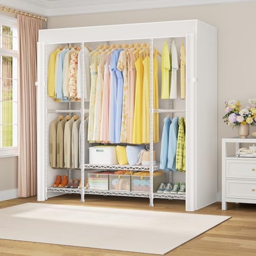 ULIFHOME E3C White Clothes Rack with Beige Cover, Heavy Duty Garment Rack - Image 2