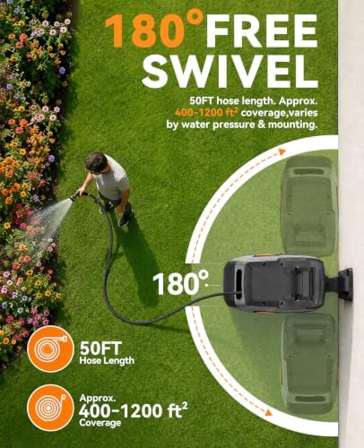 SUNPOW Retractable Garden Hose Reel - 1/2 inch x 50ft Heavy Duty Wall Mounted Hose Reel with 3/4 inch Brass Fitting & 10 Sprayer Nozzle - Any Length Lock, Auto Rewind System, 180°Swivel Bracket- Grey - Image 6