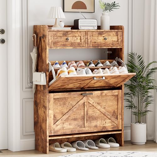 Shoe Cabinet with 2 Flip Drawers & 2 Top Drawers, 43" Tall Freestanding Narrow Wooden Shoe Storage Organizer for Entryway, Hidden Slim Shoe Rack for Front Door Entrance, Hallway, Living Room, Brown by Xixini