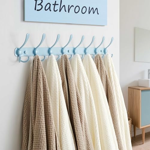 Dseap Coat Rack Wall Mount - 29.5” Long 8-Tri-Hooks Heavy Duty Coat Hanger Rail Wall Hooks for Hanging Coats Hats Clothing Clothes Purse Mudroom Entryway, Blue, Pack of 2 - Image 5