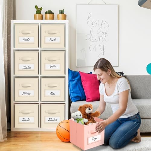 Teenyyou 10 Pack Fabric Storage Cubes 11 Inch Collapsible Cube Bins with Label Window & Handle Foldable Organizers Baskets for Shelf Closet Nursery Kids Room Clothes Book Toy(Beige) - Image 6