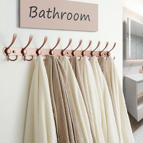 Dseap Coat Rack Wall Mount - 38” Long 10-Tri-Hooks Heavy Duty Coat Hanger Rail Wall Hooks for Hanging Coats Hats Clothing Clothes Purse Mudroom Entryway, Rose Gold, Pack of 2 - Image 4