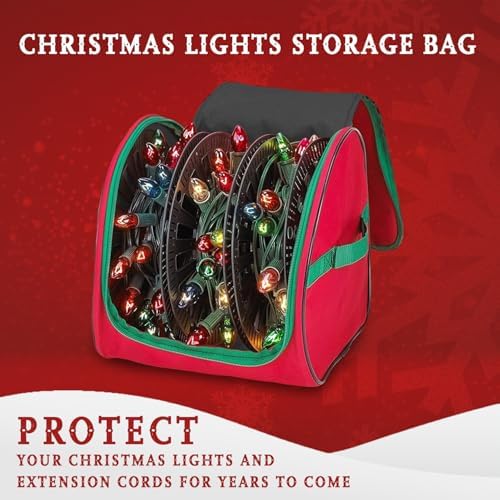 HOLDN’ STORAGE Premium Christmas Light Storage Bag – Heavy Duty Tear Proof 600D/Inside PVC Material with Reinforced Handles - 3 Reels Stores up to 375 Ft of Mini Tree Lights & Extension Cords Red - Image 3