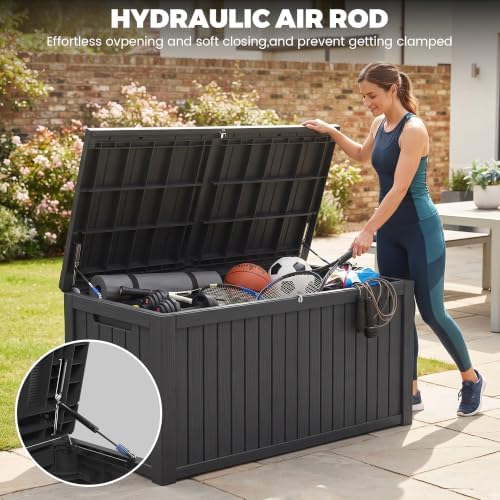 200 Gallon Resin Deck Box, Lockable Patio Outdoor Storage Box for Furniture, Garden Tools and Tools Storage, Waterproof Outside Storage Boxes Black - Image 6