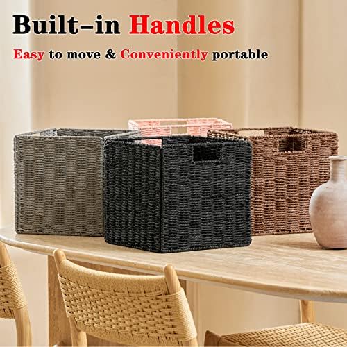 Vagusicc Wicker Storage Basket, Set of 2 Hand-Woven Wicker Basket, Foldable Cube Storage Bin, Black Storage Basket, Square Storage Baskets for Organizing Shelves & Decor, Black (11″×11″×11″) - Image 6