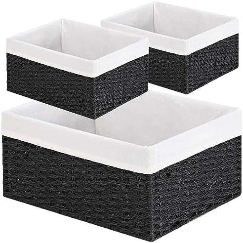 Vagusicc Storage Basket, 3-Pack Woven Paper Rope Wicker Baskets for Storage with Handles, 15 Inches Large Cube Storage Bins Woven Storage Baskets with Liners for Shelves Organizing & Decor, Black by Vagusicc