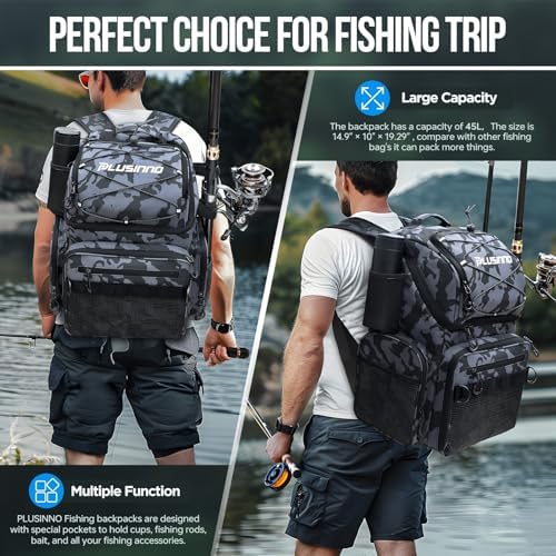 PLUSINNO Cooler Fishing Backpack with Rod Holders 45L Large Water-resistant Fishing Tackle bag Store Fishing Gear Fishing Gifts for Men Father - Image 7