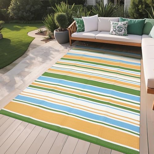 GAOMON 9x12 Large Outdoor Rug Waterproof for Patio Plastic Straw Rug Geometric Stripe Indoor Outdoor Area Rug Modern Lines Outdsid Camping Rugs for Backyard Balcony Trailer, Yellow Blue Green White - Image 2