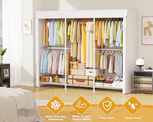ULIFHOME E14C Pro Heavy Duty Closet Organizer System，Freestanding Clothing Racks for Hanging Clothes，Adjustable Garment Rack 69" W × 16" D × 77" H Hold 960 lbs，White Rack with White Dustproof Cover - Image 4