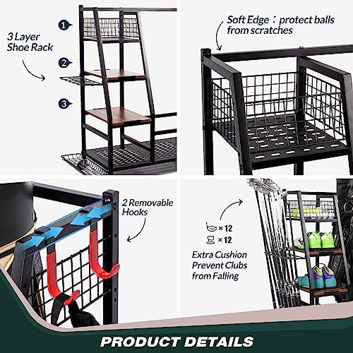 Sttoraboks Golf Bags Storage Garage Organizer, Golf Bag Rack Fits 2/3 Golf Bags and Golf Equipment Accessories, Golf Club Storage Stand with Wooden Shelf and Lockable Wheels for Garage Indoor Basement - Image 3