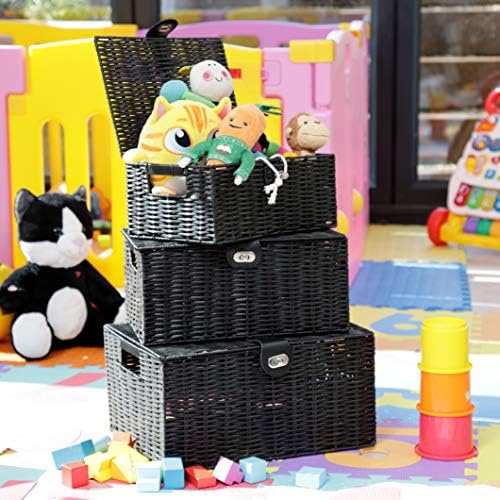 ARPAN Set of 3 Resin Woven Utility Storage Basket Box With Lid & Lock (Black) - Image 3