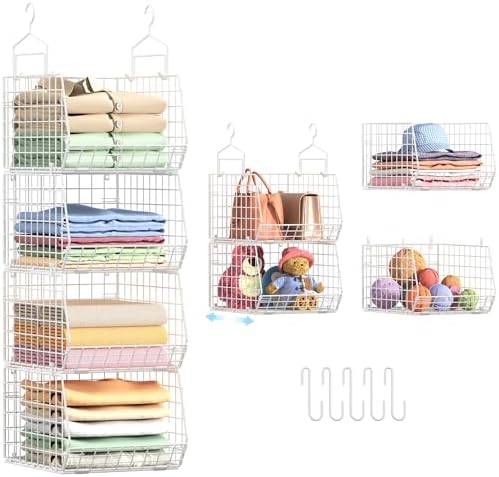 4" Extra Deeper Foldable Hanging Closet Organizer, Small Wire Cabinet Shelves and Storage with 5 S Hooks,4 Tier Metal Basket Bins for Clothes Sweaters Handbags, Wardrobe for Kitchen Laundry Room，White by X-cosrack