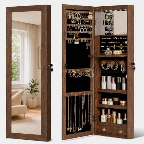 6 LEDs Mirror Jewelry Cabinet, Over the Door Jewelry Organizer with Full Length Mirror, Wall Mounted or Door Hanging Jewelry Box with Storage by JOYUSAEN