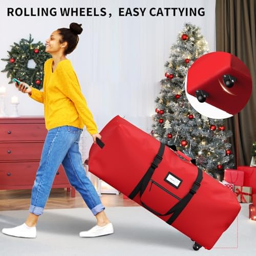 Rolling Christmas Tree Storage Bag, Fits Up to 9 ft Artificial Xmas Disassembled Trees. Extra Large Storage Container with Wheels and Handles. Against Dust and Moisture.(Red) - Image 5