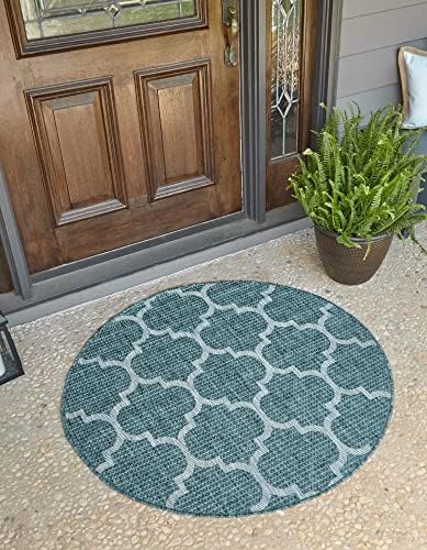 Unique Loom Outdoor Trellis Collection Area Rug (8' Round, Teal/ Gray) by UniqueLoom