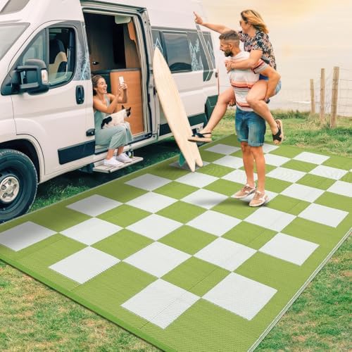 GarveeHome Outdoor Rug 8 x 10 Waterproof Checkboard Woven Carpet, Large Reversible Plastic Straw Rug, Foldable Modern Geometric Plaid Outside Camping Rug for Picnic, Backyard, Deck, Green White by GarveeHome