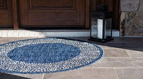 Unique Loom Outdoor Border Collection Area Rug - Floral Border (4' 1" Round, Blue/ Ivory) - Image 3