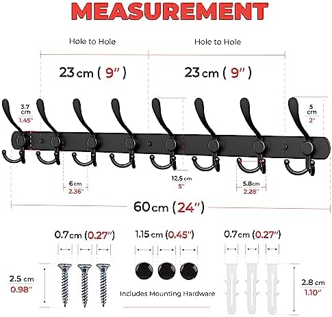 Coat Rack Wall Mount with 8 Tri Hooks – 24 Inch Stainless Steel Coat Hook Rack, Heavy Duty Wall Mounted Organizer for Coats, Hats, Towels, Robes, Bags, Scarves, Entryway, Bathroom - Black 2 Pack - Image 2