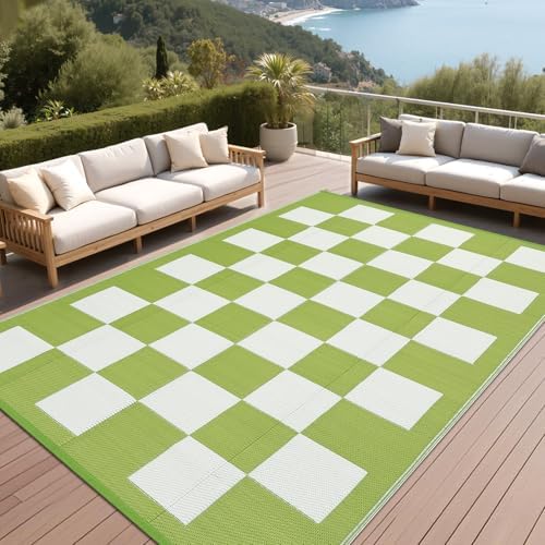 GarveeHome Large Outdoor Rug 9 x 18 Waterproof Modern Checkboard Plastic Straw Rug, Foldable Reversible Camping Mat, UV-Resistant Geometric Plaid Woven Carpet for Picnic, Deck, Green White by GarveeHome