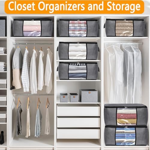 BiCINE 8 Pack Clothes Storage Bags with Zipper, 45L Foldable Blanket Storage Bag with Clear Window Sturdy Handles for Closet, Dorm, Pillows, Bedding, Sheet, Comforter, Gray - Image 6