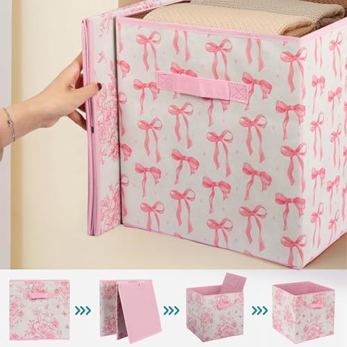6 Pcs Pink Floral Cube Storage Bins 12.5 Inch Pink Flower Storage Basket with Handle, Preppy Girls Organizer Basket, Collapsible Fabric Box for Classroom Bedrooms Office Home Decoration (Flower) - Image 3