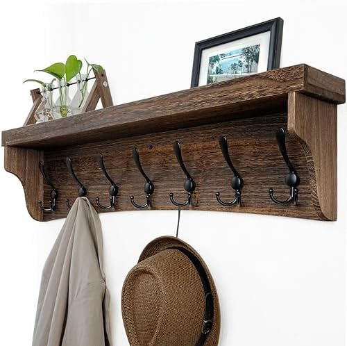 WEBI Rustic Coat Rack Wall Mount with Shelf,35" Long Wall Shelf with Hooks Underneath,7 Triple Hooks for Hanging Jacket,Bathroom,Entryway,Weathered Brown by WEBI