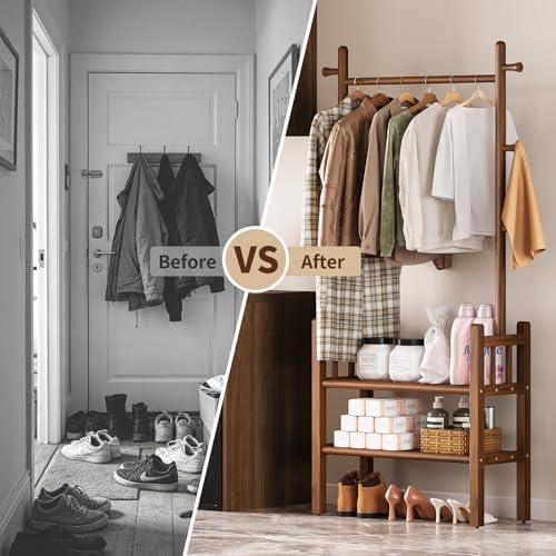 Yoobure Solid Wood Clothing Rack with Shelves - Coat Rack Freestanding with 6 Hooks, 3-in-1 Hall Tree for Hanging Clothes, Tall Garment Racks with Storage for Bedroom, Entryway, Living Room, Closet - Image 6