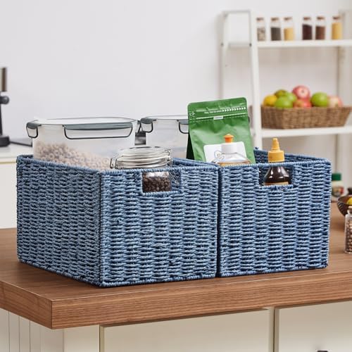 Vagusicc Wicker Storage Basket, Set of 2 Hand-Woven Paper Rope Wicker Basket, Large Storage Baskets for Organizing Toilet Paper, Foldable Cube Storage Organizer Bins for Shelves (Blue) - Image 7