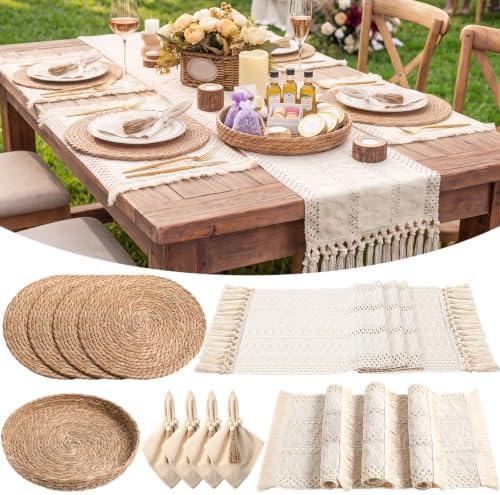 4 Sets Boho Placemat Table Runner Napkin Rings, White, 12x72 by Gandeer
