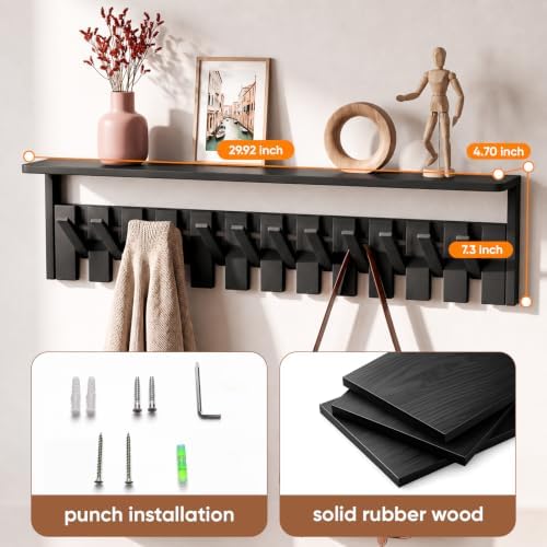 Wall Mounted Coat Rack with Shelf, 12 Flip-Down Hooks, Black - Image 3