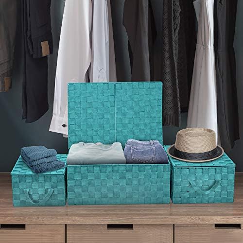 Sorbus Woven Storage Basket with Lid, Set of 3 (Aqua) - Image 4