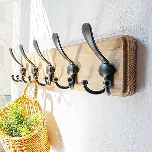 Dseap Coat Rack Wall Mount - Heavy-Duty Robust Barnwood-Style Wooden Wall Coat Hanger Hook Rail with 5 Triple Hooks for Winter Coats Hat Jacket Clothing, Weathered Brown & Black, Pack of 2 - Image 5