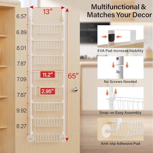 Delamu Narrow Over The Door Pantry Organizer, 8-Tier Metal Pantry Door Organization and Storage for Easy Install, Hanging Spice Rack Shelves, Door Organizer for Kitchen, 4.65"D x 13"W x 65"H, White - Image 2