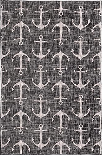 Unique Loom Outdoor Coastal Collection Area Rug - Ahoy (5' 3" x 8' Rectangle, Charcoal/ Ivory) - Image 3