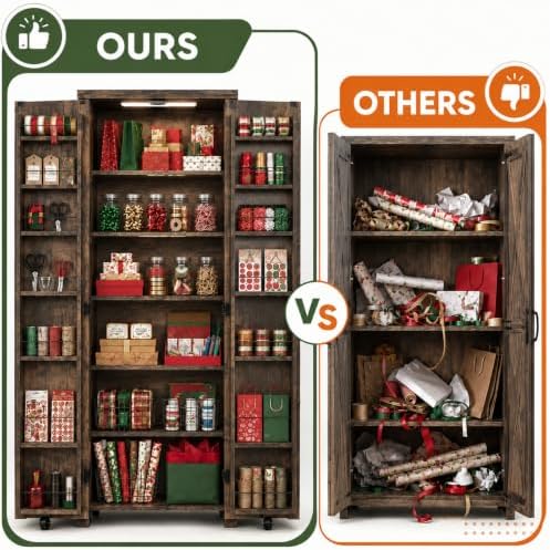 FIMELLO 71" H Gift Wrap Storage Cabinet, Craft Storage Cabinet, Rustic Oak - Image 6