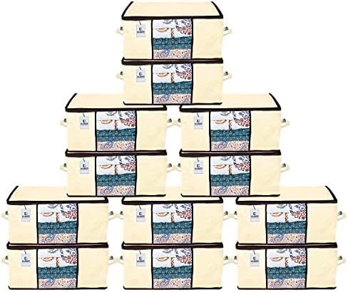 Kuber Industries Underbed Storage Bag|Organizer For Clothes Large|Non-Woven Comforter, Blanket Cover|Transparent Window & Premium Zipper|Side Handles|Pack of 12 (Cream) by Kuber+Industries