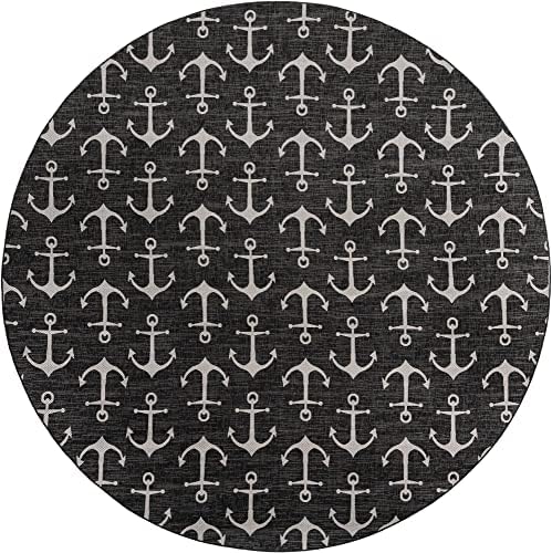 Unique Loom Outdoor Coastal Collection Area Rug - Ahoy (13' Round, Charcoal/ Ivory) - Image 2