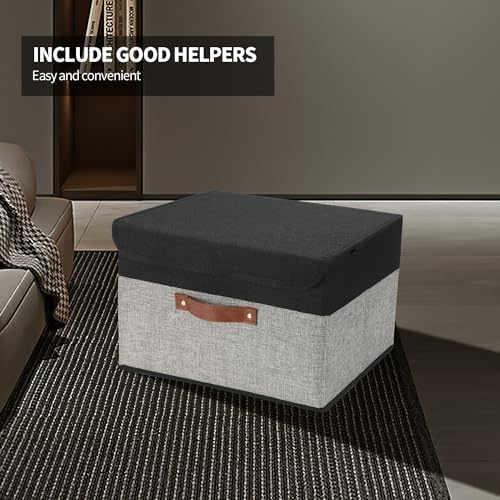 SAMORADREA 8 Pack Linen Foldable Storage Box Containers Fabric Bins with Lids Storage Baskets for Shelves Drawers, Desktop, Closet, Classroom, Office, Bedroom, Home, Garage (Black&Grey) - Image 7