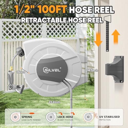 Retractable Garden Hose Reel, 1/2" x 100ft Wall Mount Heavy Duty Automatic Hose Reel with 10 Pattern Nozzle, Any Length Lock & Slow Return System, 180°Swivel Bracket Upgraded UV Resistant,Light Grey - Image 5