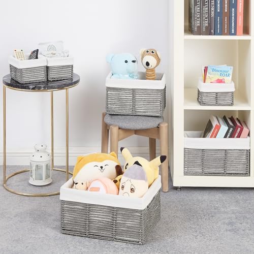 Vagusicc Wicker Storage Basket, 6 Pack Baskets for Organizing, Wicker Baskets with Handle, Rectangular Wicke Basket for Storage Shelves, Cube Storage Bins for Closet/Clothes/Dresser, Grey - Image 6