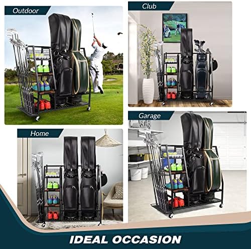 Sttoraboks Golf Bags Storage Garage Organizer, Golf Bag Rack Fits 2/3 Golf Bags and Golf Equipment Accessories, Golf Club Storage Stand with Wooden Shelf and Lockable Wheels for Garage Indoor Basement - Image 5