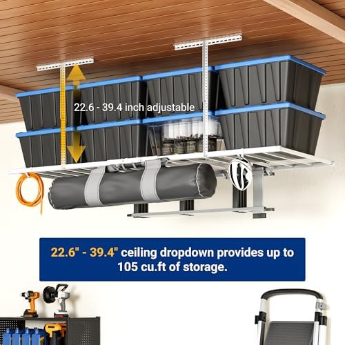 FLEXIMOUNTS 4x8 Overhead Garage Storage Rack with 6 Hooks, 2 Pack, White - Image 5